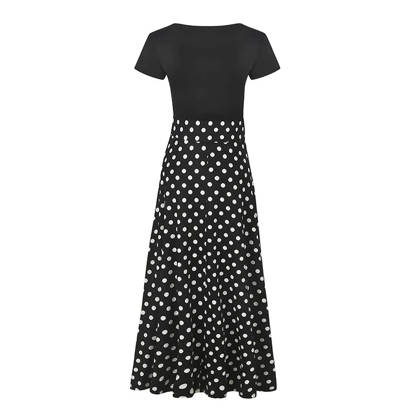 Printed Splicing Crew Neck Dress Elegant Short Sleeve Slim Waist Pleated Maxi Dress Women's Clothing