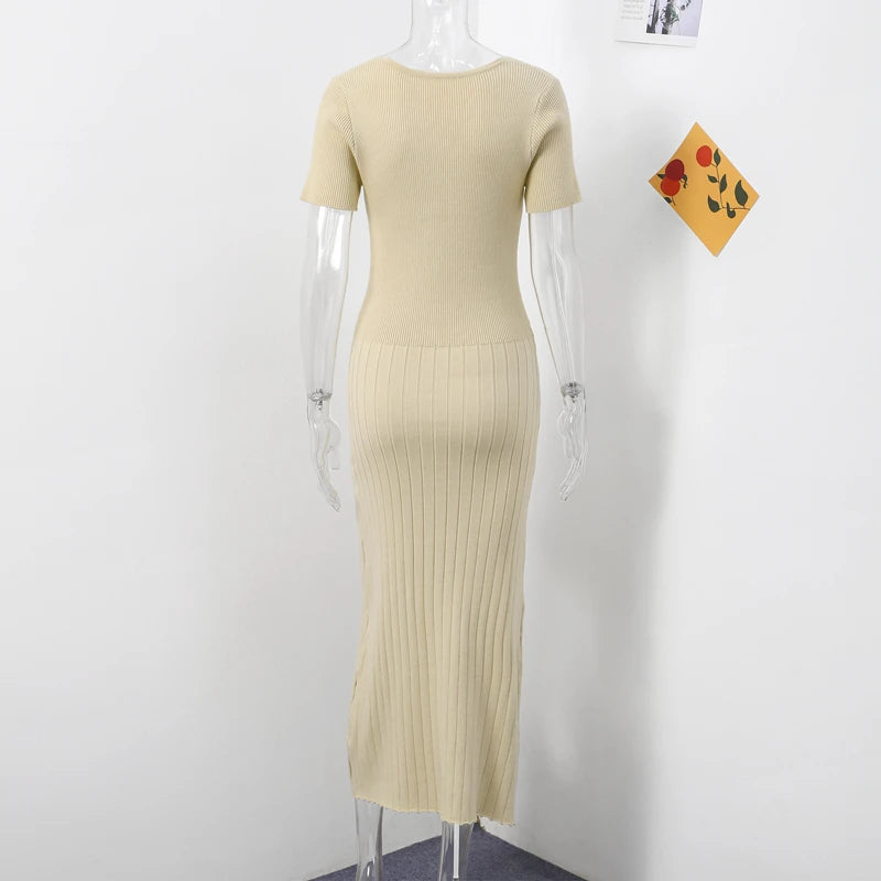 V-neck Short Sleeve Lady Robe, Elegant Knit Long Dress Women Chic Button Ribbed Slim Hip Package Female Dresses