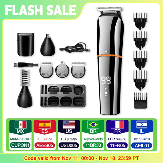 Waterproof 11 in 1 Men's Grooming Kit - Electric Beard Trimmer Cordless Razor Hair Clippers Rechargeable Nose Trimmer