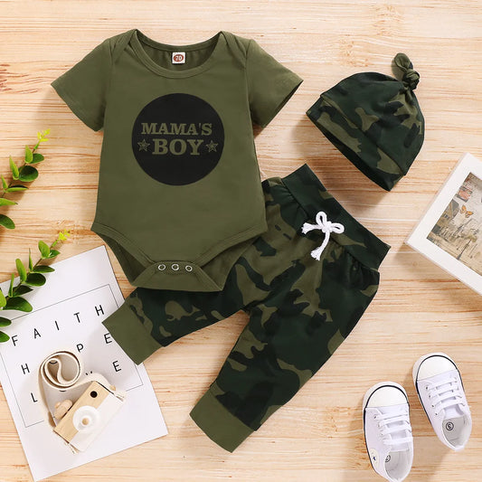 0-18 Months Newborn Baby Boy Baby Set Letter Print Short Sleeve Bodysuit + Camouflage Pants + Headband Outfit