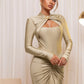 Long Sleeve Sexy Maxi Dress For Women Gown Autumn Winter New Metal Buckle Ruched Slit Long Dress Elegant