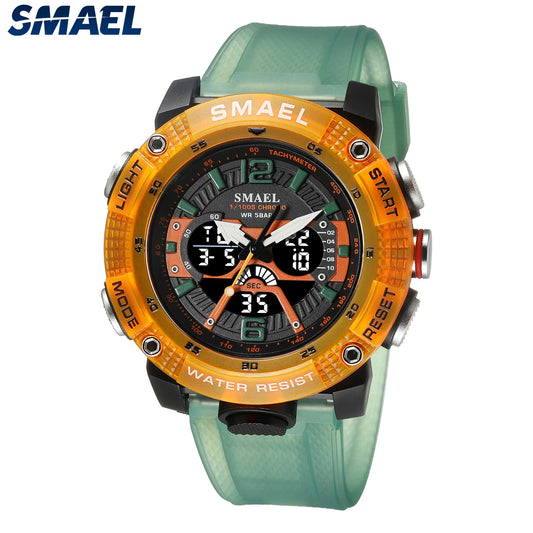 Sport Watches Waterproof SMAEL Male Clock Digital LED Display Quartz Analog Stopwatch Fashion Green Orange Clock 8058 Men Watch