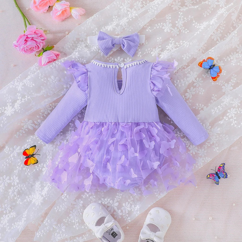 Dress For Kids 0-18 Months Long Sleeve Cute Butterfly Embroidery Mesh Ruffle Trim Bow Front Princess Dresses For Baby Girl