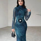 Print Tulle Bodycon Slim Dress Fashion Silk Mesh Midi Dress Women Long Sleeve Vintage Elegant Long Dresses