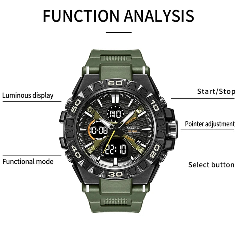 New Men Fashion Watches Quartz Watch Waterproof 50M Man Digital Watch Led 8071 Smael Brand Watch Military Sports Dual Display