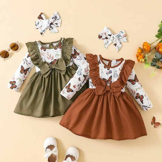 Dress For Kids 3-24 Months Korean Style Long Sleeve Floral Bow and Butterfly Printing Princess Formal Dresses Ootd For Baby Girl