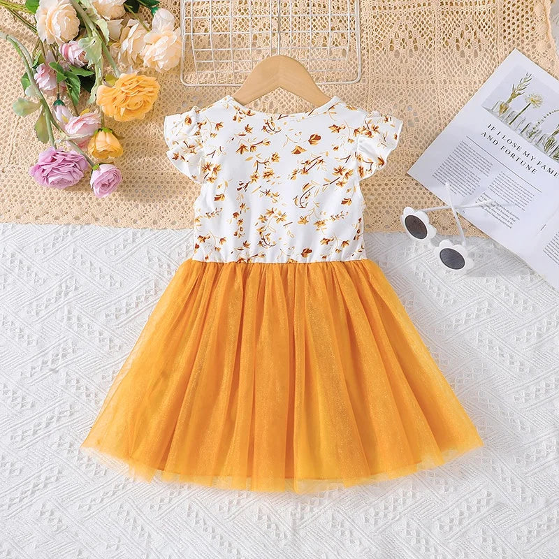 Dress For Kids 4-7 Years old Birthday Short Sleeve Cute Floral Yellow Tulle Bow Princess Formal Dresses Ootd For Baby Girl