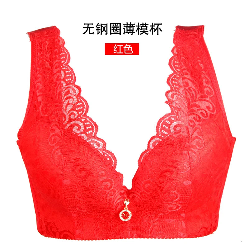 Plus Size Lace Push Up Bra Wireless Deep V Neck Sexy Gather Brassiere Adjustable Thin Cup Comfortable Bralette Top Backless Vest
