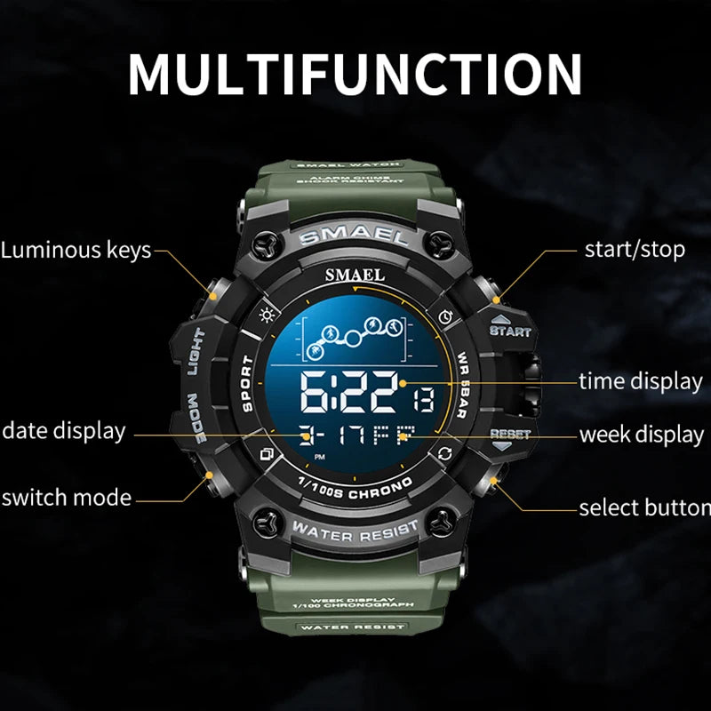 SMAEL Digital Watch LED Alarm Clock Military Watches Big Dial Digital Wristwatches 8082 Sport Watches for Men