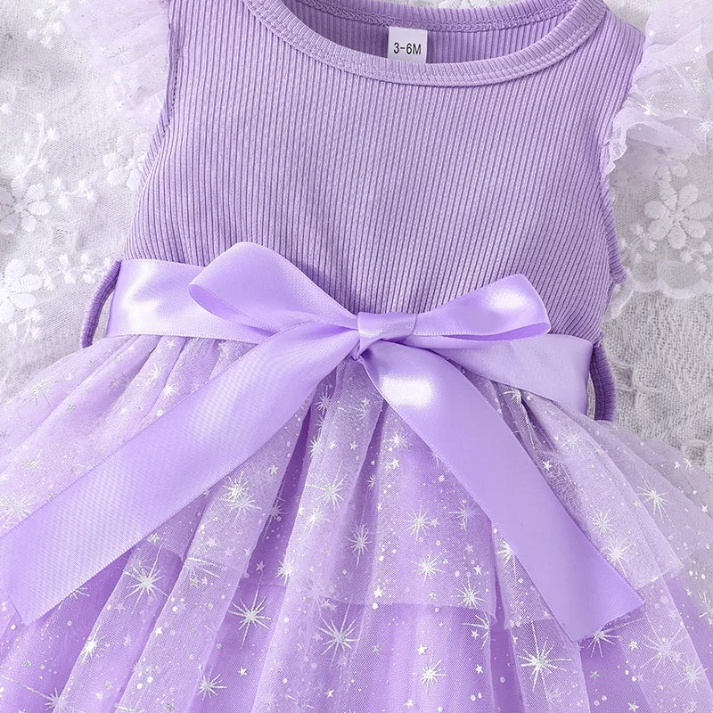 Dress For Kids Newborn 3 - 24 Months Birthday Fly Sleeve Cute Stars Tulle Purple Princess Formal Dresses Ootd For Baby Girl