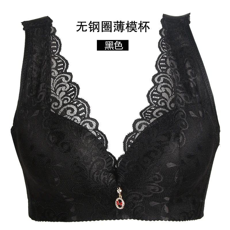 Plus Size Lace Push Up Bra Wireless Deep V Neck Sexy Gather Brassiere Adjustable Thin Cup Comfortable Bralette Top Backless Vest