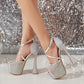Liyke 2024 New Gold Silver High Heels Sexy Shoes Women Fashion Design Rhinestone Mesh Thick Bottom Platform Pumps Sandal Female