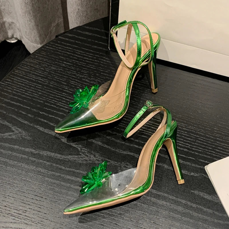 Liyke New Style Crystal Flower Women Pumps Sexy Pointed Toe Green High Heels Wedding Prom Shoes Ladies PVC Transparent Sandals