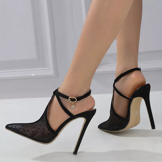 Liyke New Fashion Black Mesh Pointed Toe Stiletto High Heels Sandals Female Ankle Buckle Strap Party Stripper Shoes Women Pumps