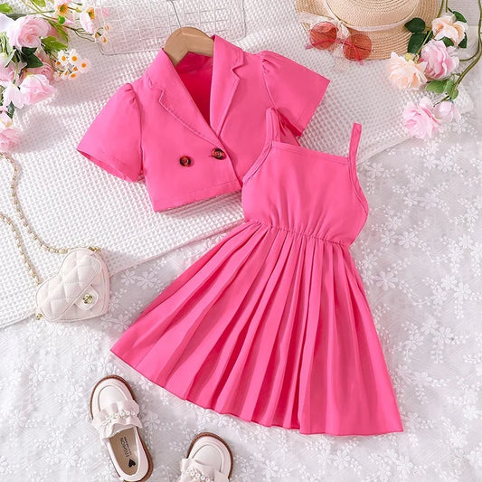 Clothing Set For Kid Girl 4-7 Years old Short Sleeve Button Top Pleated Suspenders Princess Dresses Summer Outfit For Baby girl