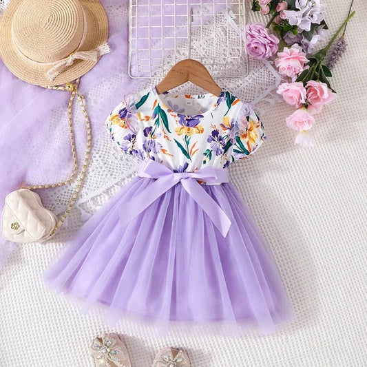 Dress For Kids 1-6 Years old Birthday Lace Puff Sleeve Cute Floral Purple Tulle Princess Formal Dresses Ootd For Baby Girl