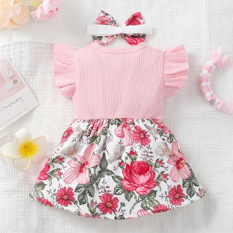 Newborn Baby Girl Dress 3-24 months Korean Style Summer Ruffle Sleeve Bow Toddler Kids Girl Cute Pink Floral Princess Dresses