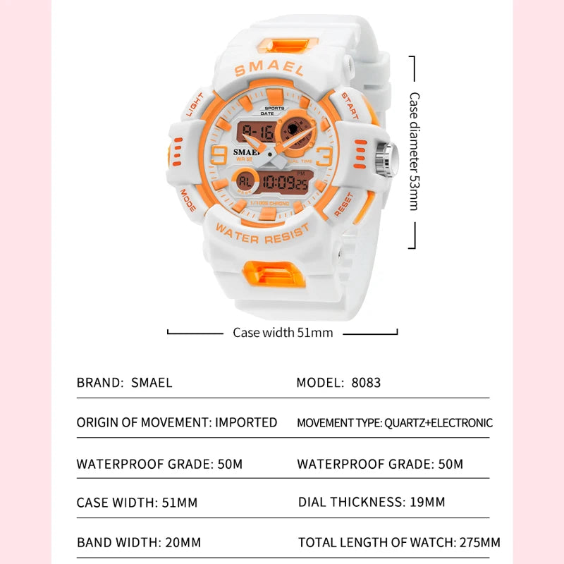 Women Watch Quartz SMAEL Sports Watches 50M Waterproof Wristwatches Dual Time Fashion White Clock 8083 Lady Watches Digital