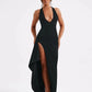 Deep V Neck Thigh High Split Maxi Dress Women Halter Sleeveless Backless