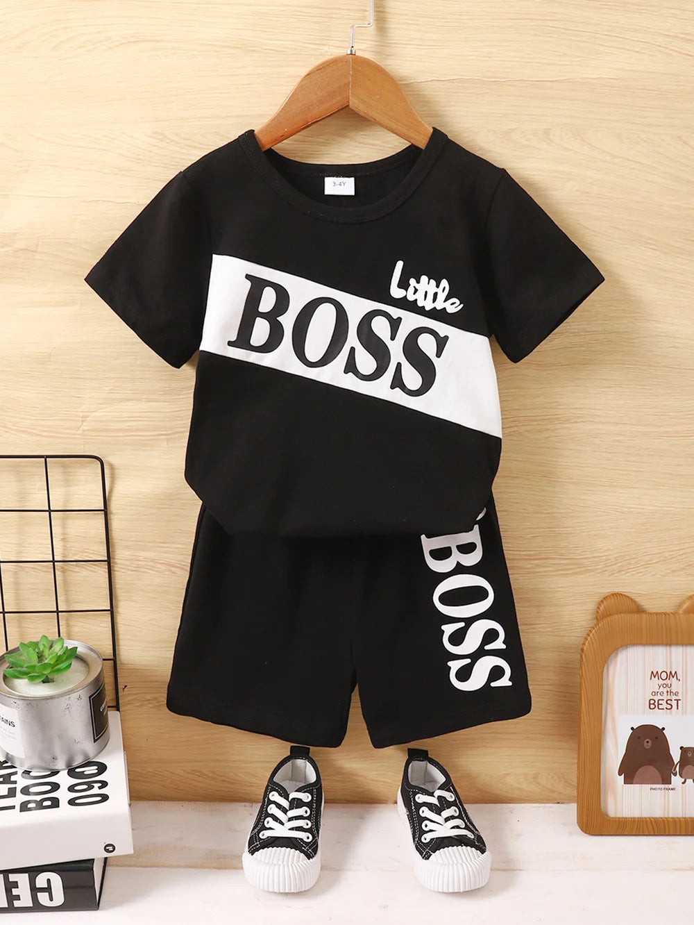 3 Colors Sport Style Child Boy Summer Holiday Outfit; 1-6 Years Boy 2PCS Clothing Set Letter T-shirt+Solid Color Shorts Fashion