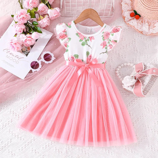 Dress For Kids 4-7 Years old Birthday Ruffled Sleeve Pink Floral Tulle Cute Princess Formal Dresses Ootd For Baby Girl