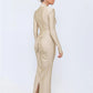 Long Sleeve Sexy Maxi Dress For Women Gown Autumn Winter New Metal Buckle Ruched Slit Long Dress Elegant