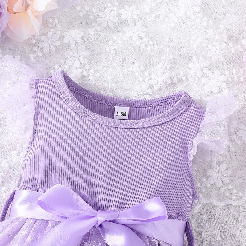 Dress For Kids Newborn 3 - 24 Months Birthday Fly Sleeve Cute Stars Tulle Purple Princess Formal Dresses Ootd For Baby Girl