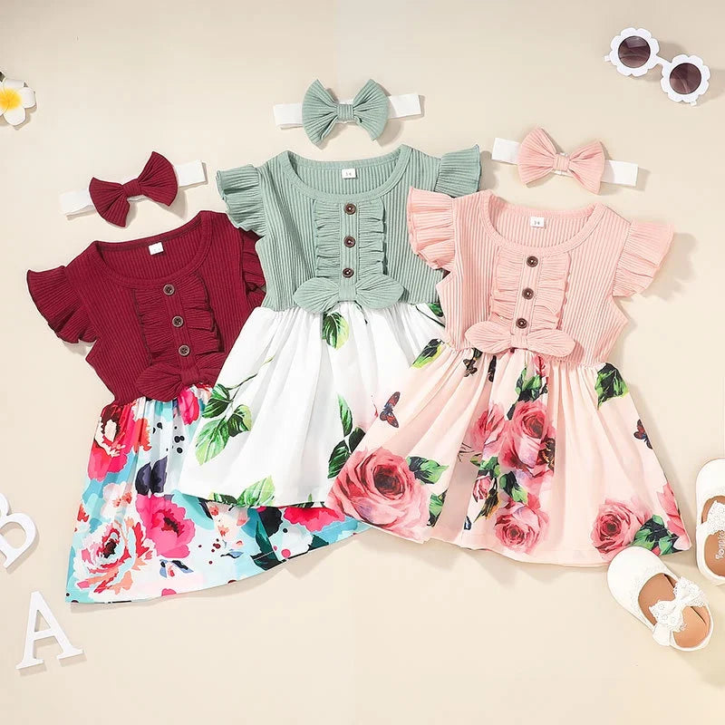Baby Girl Dress Korean Style Summer Short Sleeve Floral Kids Princess Dresses