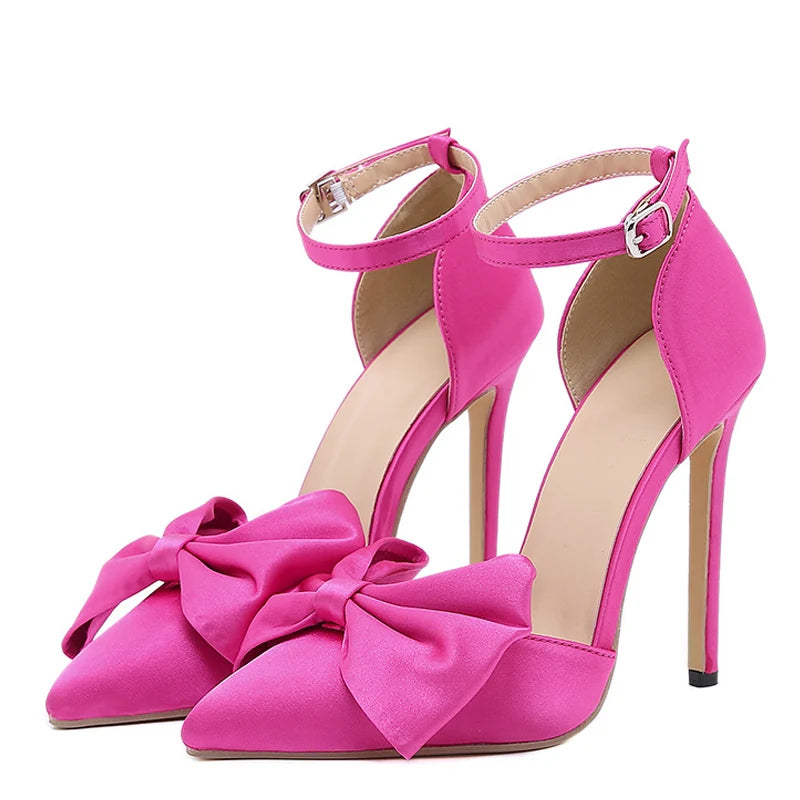 Liyke 2024 New Women Pumps Sandals Fashion Butterfly-Knot Pointed Toe Ankle Buckle Strap Stiletto High Heels Wedding Dress Shoes