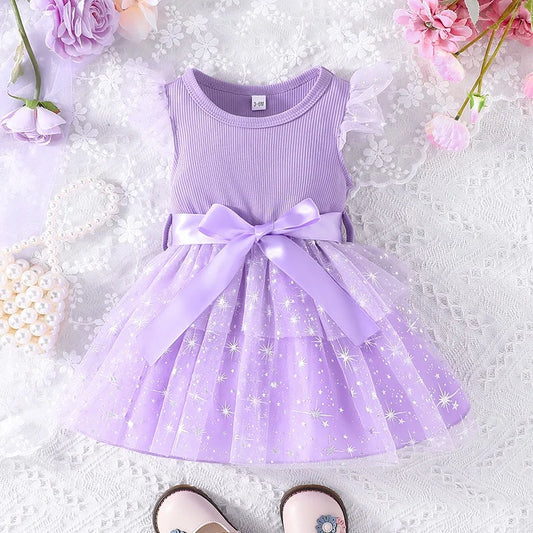 Dress For Kids Newborn 3 - 24 Months Birthday Fly Sleeve Cute Stars Tulle Purple Princess Formal Dresses Ootd For Baby Girl