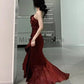 Red Rose Vintage Long Dress  Slim Mermaid Spaghetti Strap Floral Dress