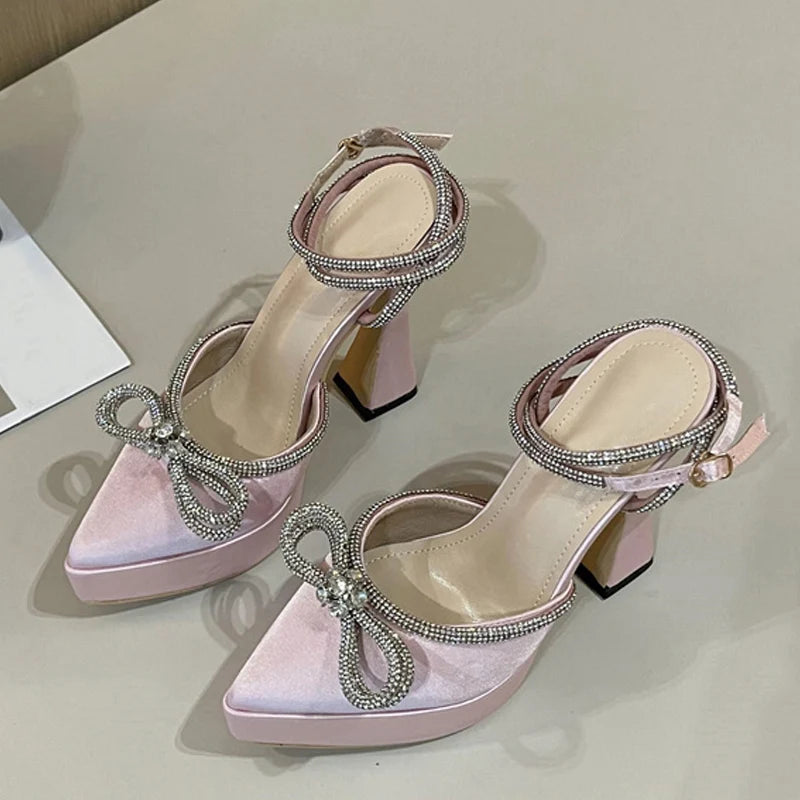 Liyke Runway Style Brand High Heels Women Pumps Fashion Butterfly-knot Crystal Pointed Toe Platform Chunky Party Prom Shoes Pink