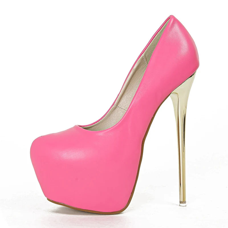 Liyke Elegant Women Wedding Banquet Shoes Pink PU Leather Platform Pumps Shallow Round Toe Extreme High Heels Stilettos Mujer