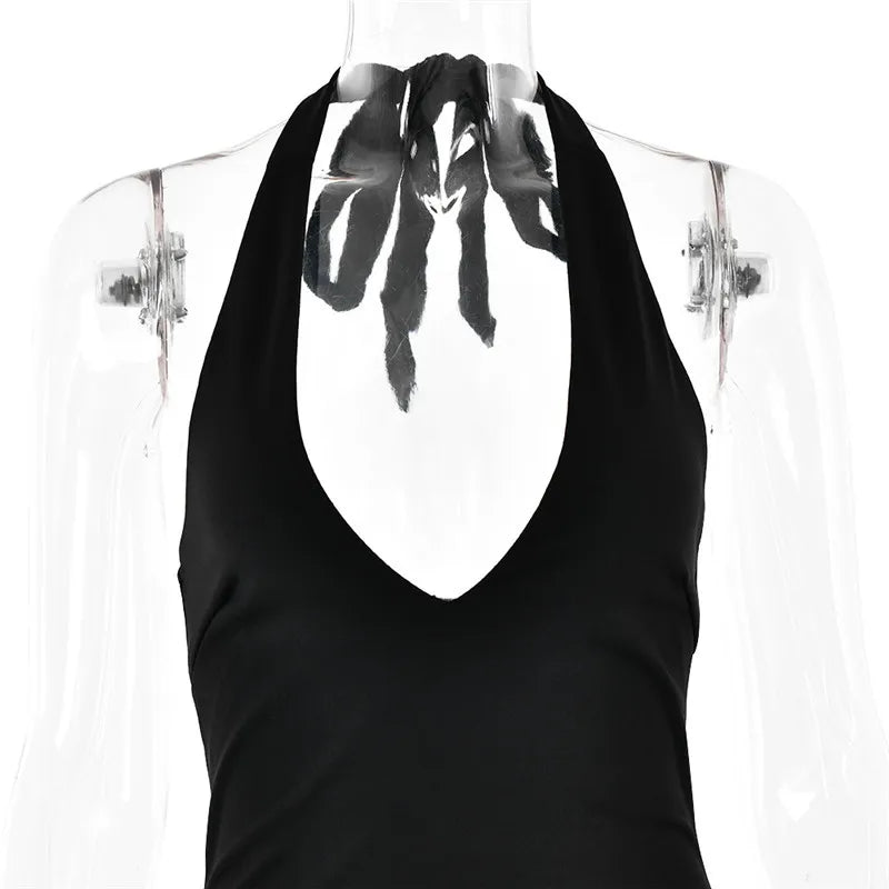 Deep V Neck Thigh High Split Maxi Dress Women Halter Sleeveless Backless