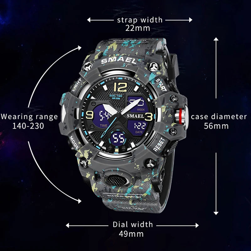 Men Watches Sport SMAEL Military Watch Camouflage Style 50M Waterproof Clock Alarm Stopwatch 8008 Quartz Wristwatches For Men