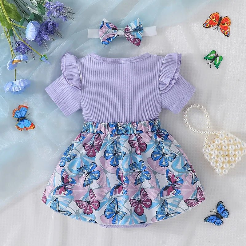 Dress For Kids 3 to 18 Months Short Sleeve Purple butterfly Princess Formal Romper Dresses Ootd For Newborn Baby Girl