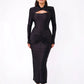 Long Sleeve Sexy Maxi Dress For Women Gown Autumn Winter New Metal Buckle Ruched Slit Long Dress Elegant
