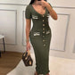 V-neck Short Sleeve Lady Robe, Elegant Knit Long Dress Women Chic Button Ribbed Slim Hip Package Female Dresses
