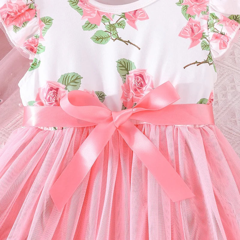 Dress For Kids 4-7 Years old Birthday Ruffled Sleeve Pink Floral Tulle Cute Princess Formal Dresses Ootd For Baby Girl