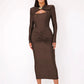 Long Sleeve Sexy Maxi Dress For Women Gown Autumn Winter New Metal Buckle Ruched Slit Long Dress Elegant