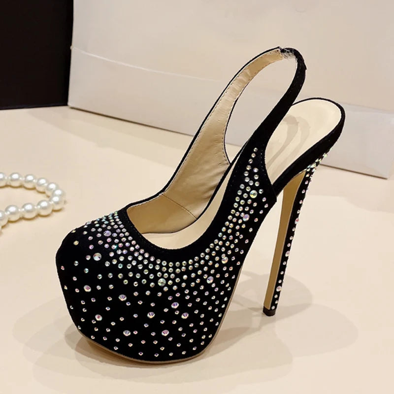 Liyke Runway Fashion Rhinestones Women Platform Pumps Sexy Slingback Slip-On Back Strap Extreme High Heels Party Dress Shoes