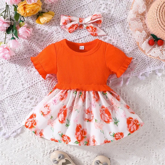 Dress For Kids 0-18 Months Birthday Style Short Sleeve Cute Orange Floral Princess Formal Dresses Ootd For Newborn Baby Girl