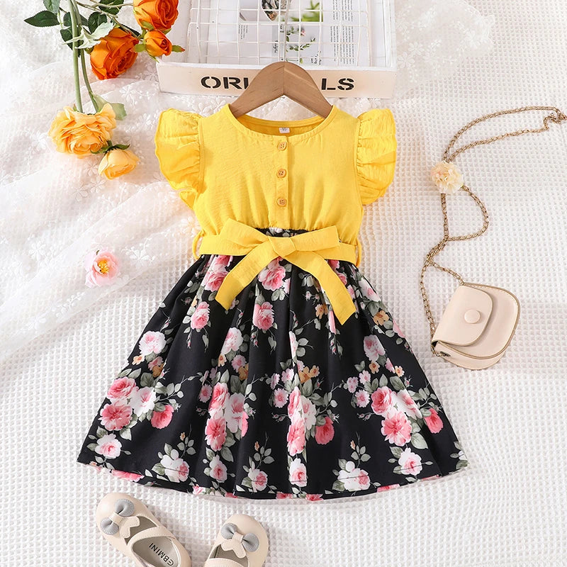 Dress For Kids 1-7 Years old Birthday Korean Style Short Sleeve Cute Floral Cotton Princess Formal Dresses Ootd For Baby Girl