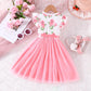 Dress For Kids 4-7 Years old Birthday Ruffled Sleeve Pink Floral Tulle Cute Princess Formal Dresses Ootd For Baby Girl