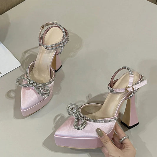 Liyke Runway Style Brand High Heels Women Pumps Fashion Butterfly-knot Crystal Pointed Toe Platform Chunky Party Prom Shoes Pink