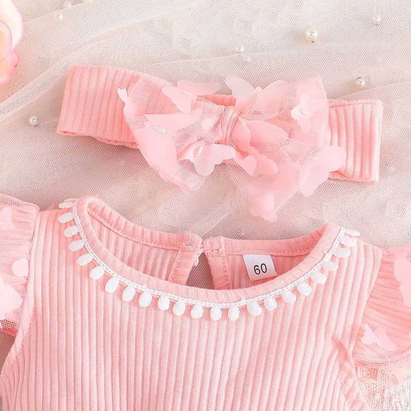 Set Dress For Kids 0-18 Months old Birthday Pink Butterfly Sleeve Tulle Princess Formal Dresses Ootd For Newborn Baby Girl