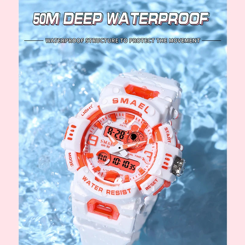 Women Watch Quartz SMAEL Sports Watches 50M Waterproof Wristwatches Dual Time Fashion White Clock 8083 Lady Watches Digital