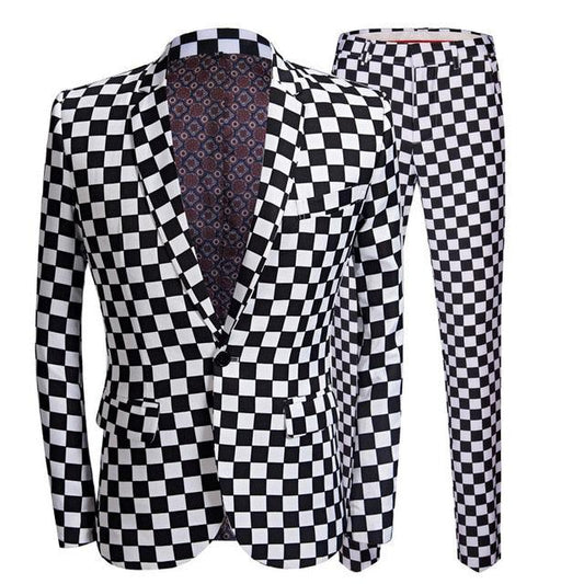 Fashion Suit Men Black White Plaid Print 2 Pieces Set Latest Coat Pant Designs Slim Fit Suit T1M
