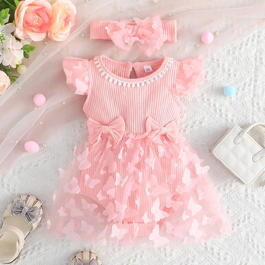 Set Dress For Kids 0-18 Months old Birthday Pink Butterfly Sleeve Tulle Princess Formal Dresses Ootd For Newborn Baby Girl