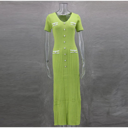 Elegant Knit Long Dress Women Chic Button Ribbed Slim Hip Package Female Dresses